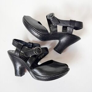Vintage Y2K Black Leather Mary Jane Heels Chunky Strap Platform Twee Pumps 7